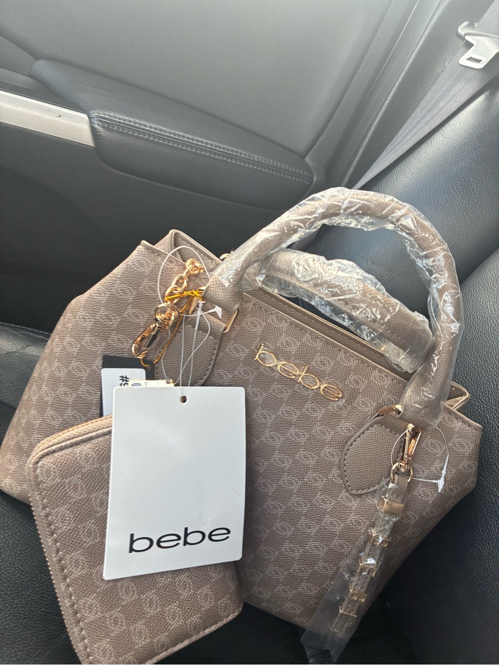 bebe Taupe Logo Satchel with Matching Wallet